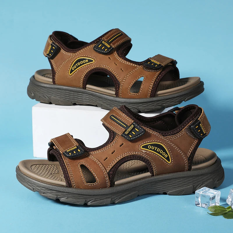Golden Sapling Summer Shoes Genuine Leather Sandals Outdoor Men's Beach Sandals Leisure Flats Retro Footwear Men Casual Moccasin