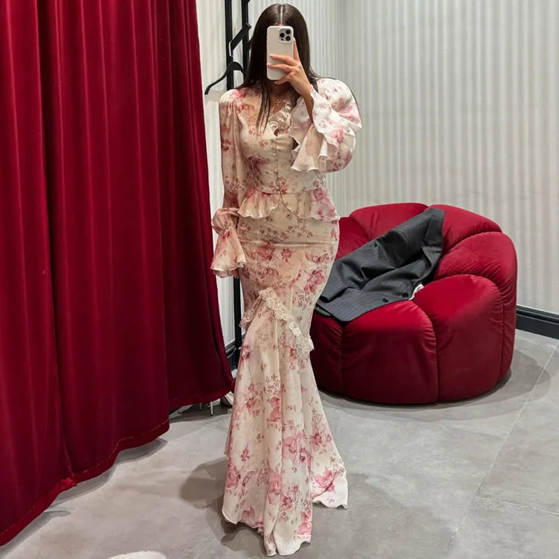 Elegant Print Tops Skirts Sets Women Full Flare Sleeve V-neck Shirts Hip Package Skirt Set Female 2025 Summer Fall Lady Suits