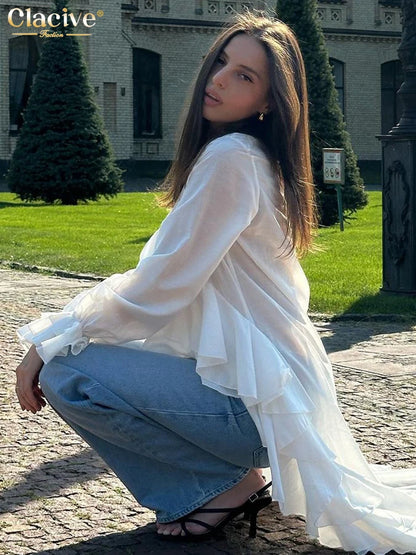 Clacive sexy camicia da donna bianca sciolta 2025 camicie a maniche lunghe a v-collo