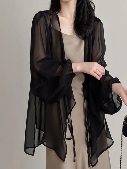 Cămăși pentru femei în v-gât liber cu mânecă lungă cusătură deschisă în stil coreean dantelă simplă Simp solid de vară șifon Minimalist Minimalist Elegant