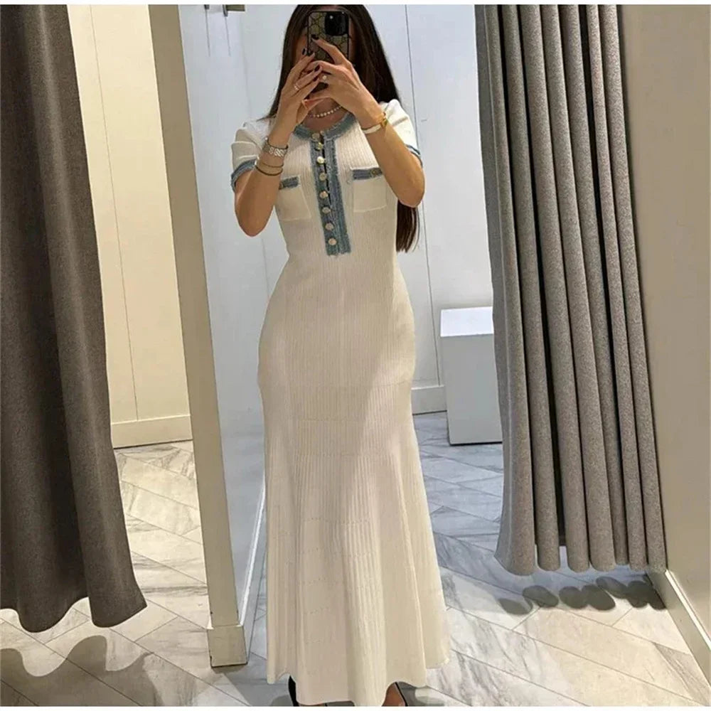 Elegant kontrasterende kvinder strik maxi kjole chic o-hals kortærmet metal knapper bodycon kjoler kontor dame pendler kjortel