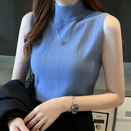 Coreean Fashion Ladies Tops Primăvara Primăvara Noi femei Topuri haine casual, fără mâneci Solid Femei Solid Bluză tricotat Bluze elastice