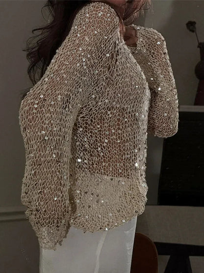 Sequins Hollow Out Pullovers Women Loose O-neck Long Sleeve Knit Sweaters Female 2025 Spring Shinny Chic Evening Shirts Lady