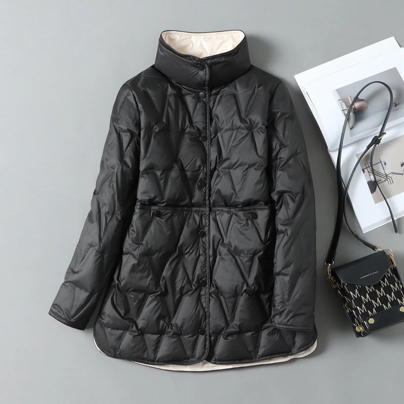 Lagabogy 2025 New Autumn Winter Women Ultralight White Duck Down Long Jacket Female Single-Breasted Double Sided Puffer Coat
