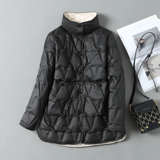 Lagabogy 2025 New Autumn Winter Women Ultralight White Duck Down Long Jacket Female Single-Breasted Double Sided Puffer Coat