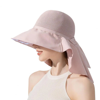 Summer Women Bucket Hat with Shawl Breathable Mesh Face Neck Protection Sun Hat Bow Pleat Wide Brim Hat Travel Beach Cap