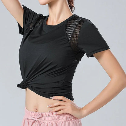 Pofybofy Mesh Stitching Reflectiv Strip Back Dry Dry Elastic Elastic Respirabil de bază cu mânecă scurtă cu mânecă Yoga Tricou Femei Gimnastică Fitness Top