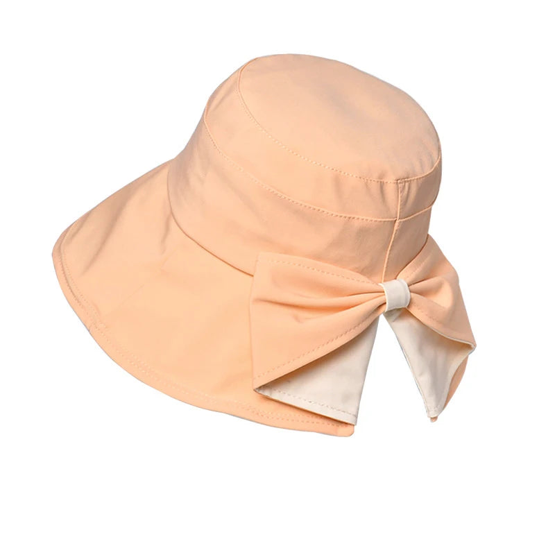 Women Summer Sun Protection Bucket Hat with Bow-tie Lady Elegant Sunscreen Beach Cap Outdoor Wide Brim Headgear Wholesale New in