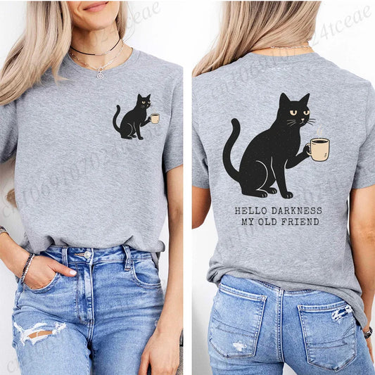 Loose Graphic Hello Darkness Funny Black Cat Print T-Shirt Short Sleeve Crew Neck Casual Top for Summer Halloween Women Clothing