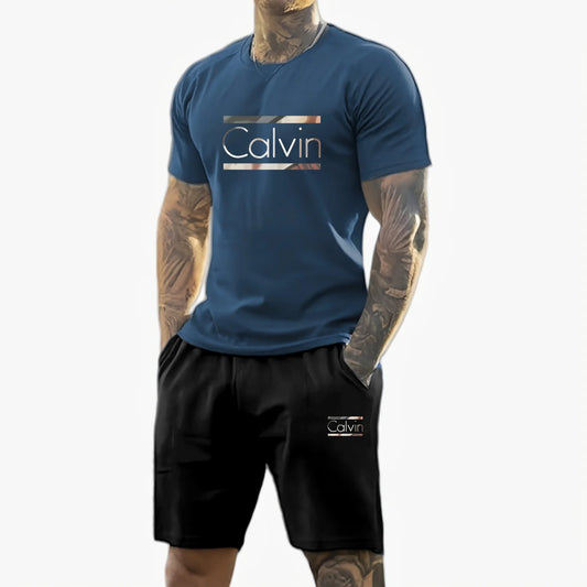 Men 2025 summer new casual sports suit Fashion breathable outdoor men's short-sleeved T-shirt + training shorts two-piece set