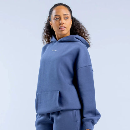 New Women's Casual Fashion Print Suit Solid Color Thickened Warm Hooded Top Elastic Sports Pants Female's Yoga Hoodie