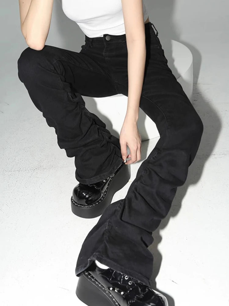 Calça de jeans de flare pilhada de reddáquica Mulheres pretas Goth Retro Strety Stret