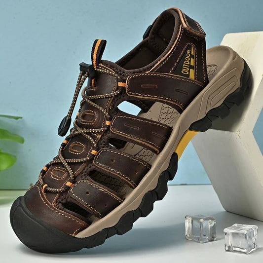Summer Genuine Leather Men's Sandals Classic Breathable Slip-On Sandals Men Outdoor Casual Beach Sandals Sneakers Plus Size 46