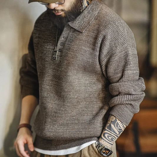 Maden Polo retro Polos de punto suelto Coffee Color Lapel Ségano Otoño Invierno Invierno Tío Fu Jumper