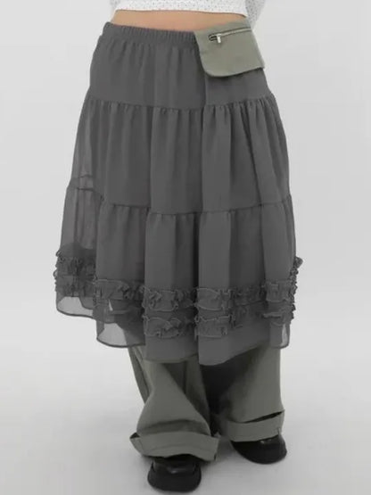 Chic Summer New Kolor High-end Gaza spódnica z Earlet Lace Hemline Seugh Puffy F-długość japońskiego sle