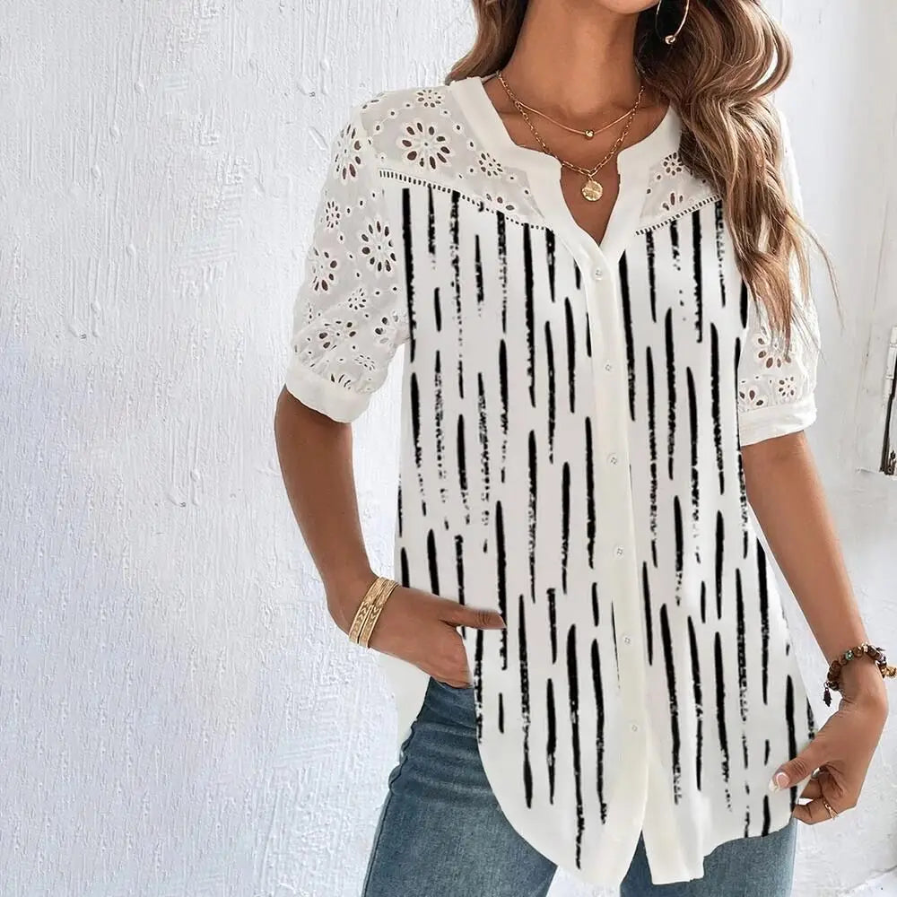 Temperamento Camisa de encaje casual Moda Fashion Camiseta suelta Mujer Elegante Manga corta Blusa Fin de semana