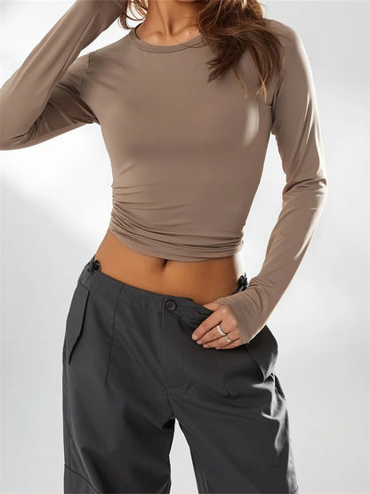 CHRONSTYLE Women Casual Long Sleeve T-Shirts Spring Autumn Solid Slim Fit Pullovers Tees Shirts Female Streetwear Base Tees Tops