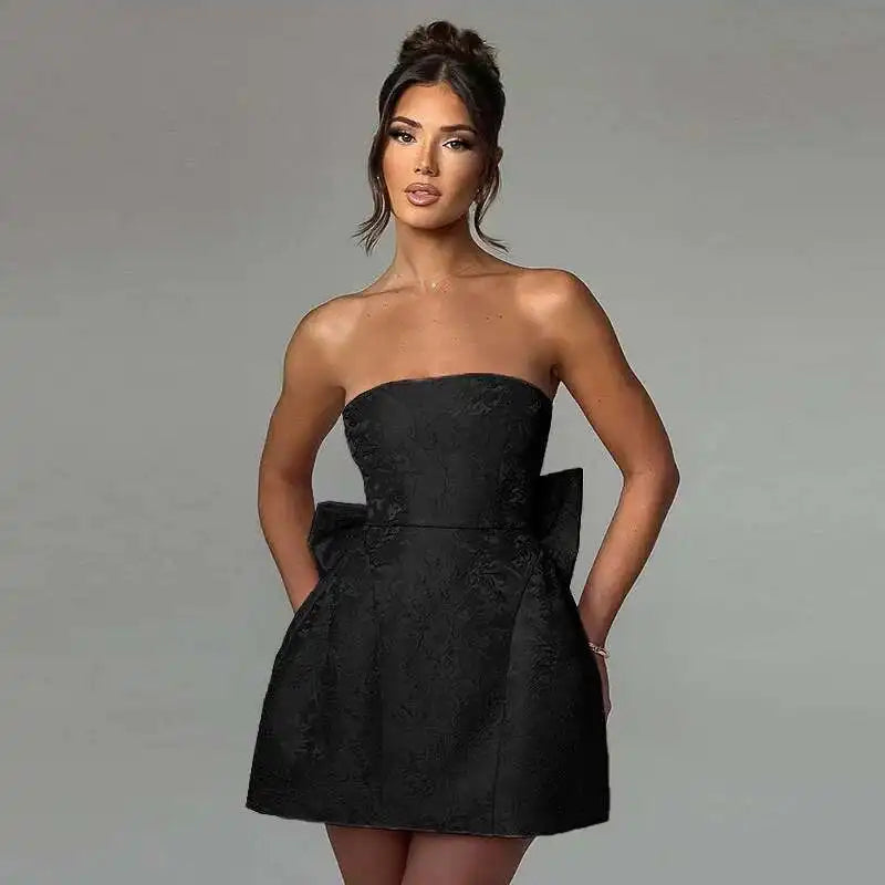 Townlike Jacquard Waist Wrap A-line Dress Women Mini 2024 Spring Summer Dress Elegant Bow Backless Sexy Party Dresses