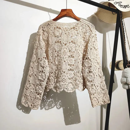 Lace Small Shawl Cotton Cardigan female 2023 spring and summer o neck long sleeve solid casual Versatile Hollow Cardigan Female