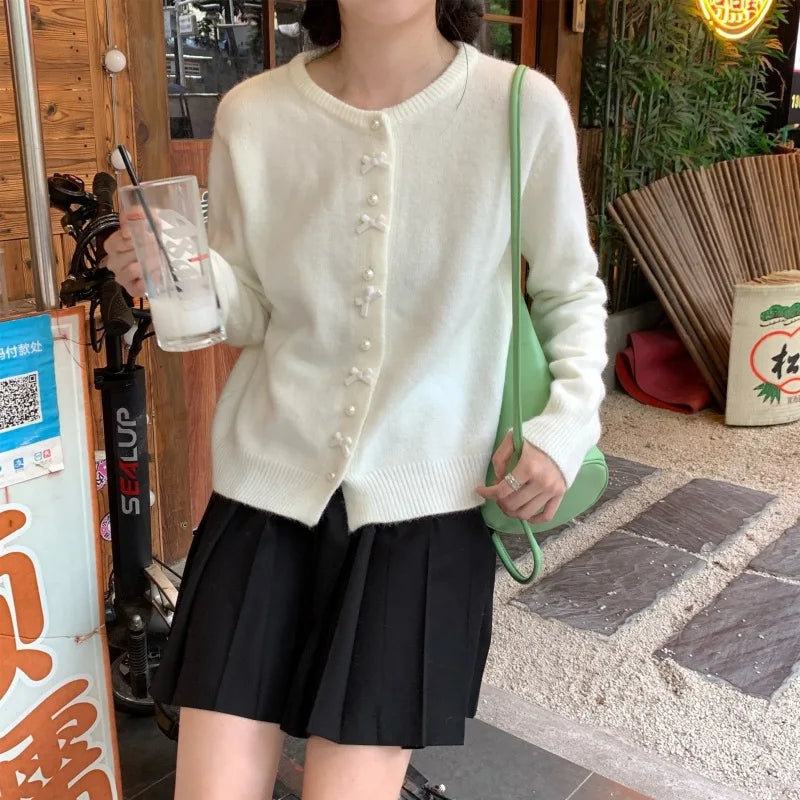 Cute Sweet Bow Pearl Buttons Loose Sweater Women Korean Preppy Style Autumn Spring Long Sleeve O Neck Knitted Cardigans Coats
