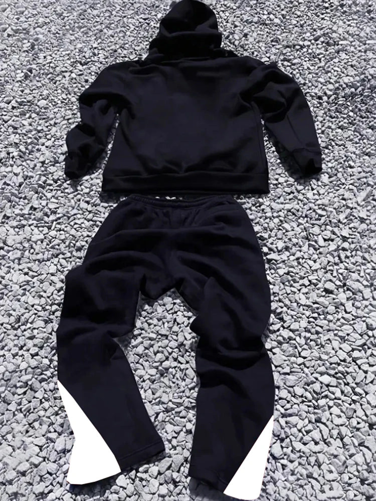 Men's Street - Style Casual and Stylish Hooded Set med svart- och - vit färgblockering och Los Angeles Alfabettryck