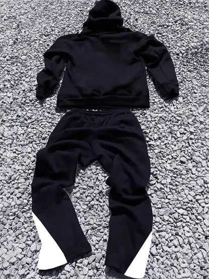 Men's Street - Style Casual and Stylish Hooded Set med svart- och - vit färgblockering och Los Angeles Alfabettryck