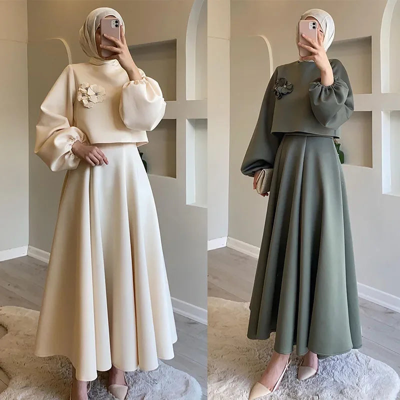 Eid Dubai tískusett 2 stykki konur Lantern ermi Top skyrta og pils hentar Musulman hljómsveitir jalabiya appliques múslimskir settar