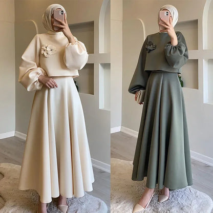 Eid Dubai tískusett 2 stykki konur Lantern ermi Top skyrta og pils hentar Musulman hljómsveitir jalabiya appliques múslimskir settar