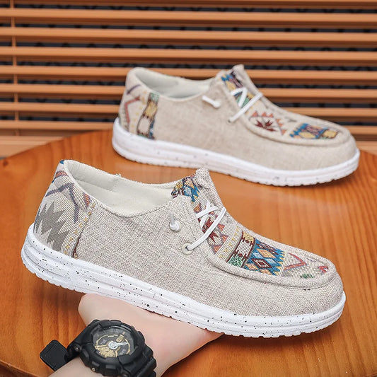 New Ethnic Style Men's Shoes Linen Canvas Walking Trendy Shoes Casual Breathable Flat Plate Shoes