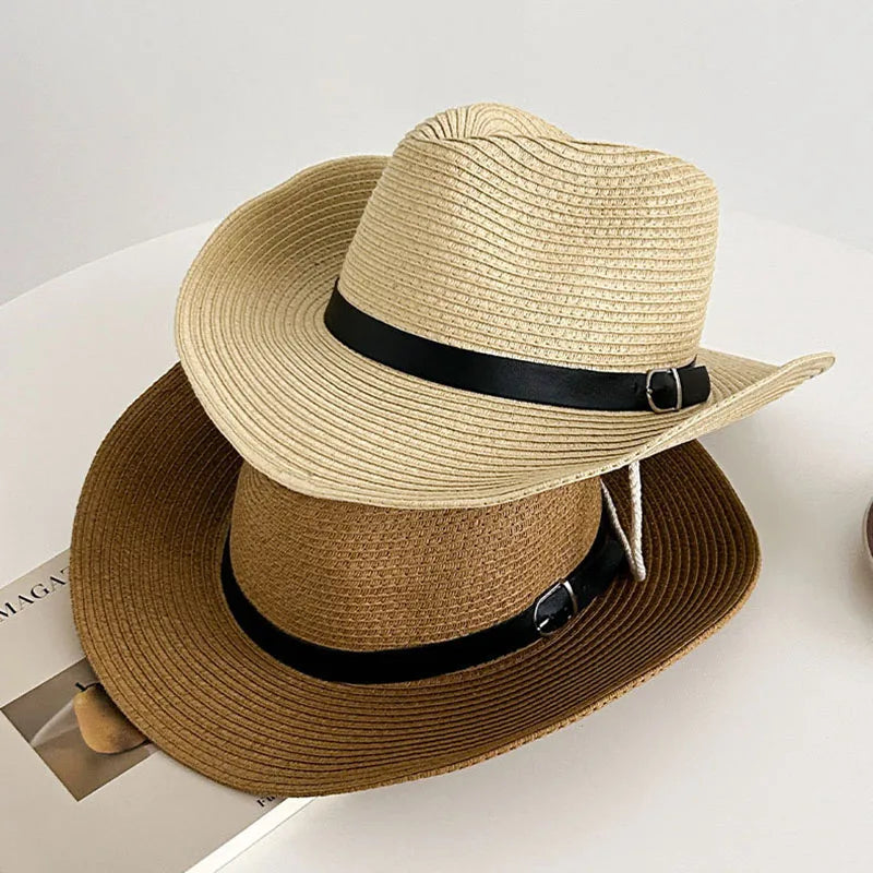 Kuuma myynti kevät länsimainen cowboy capp Straw Hat UV -suojaus Säädettävä Raffia Sun Hat Beach Fishing Outdoor Festival Top Hat
