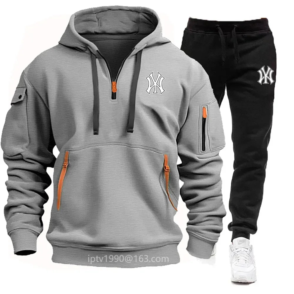 Spring et automne 2025 Sweat à capuche à fermeture éclair multi-poche pour hommes, ensemble de pantalons de survêtement en 2 pièces, vêtements de sport de fitness décontractés