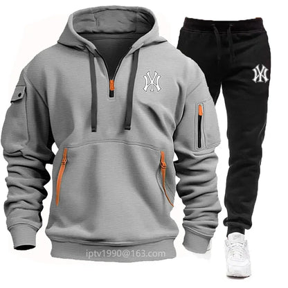 Spring et automne 2025 Sweat à capuche à fermeture éclair multi-poche pour hommes, ensemble de pantalons de survêtement en 2 pièces, vêtements de sport de fitness décontractés