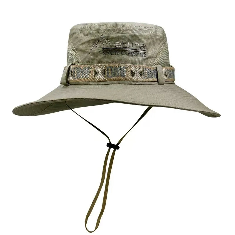 Sommer Männer Eimer Hut Outdoor UV Schutz Weites Schwim Panama Safari Jagd Wanderhut Mesh Fisherman Hut Strand Sonnenschutzmütze