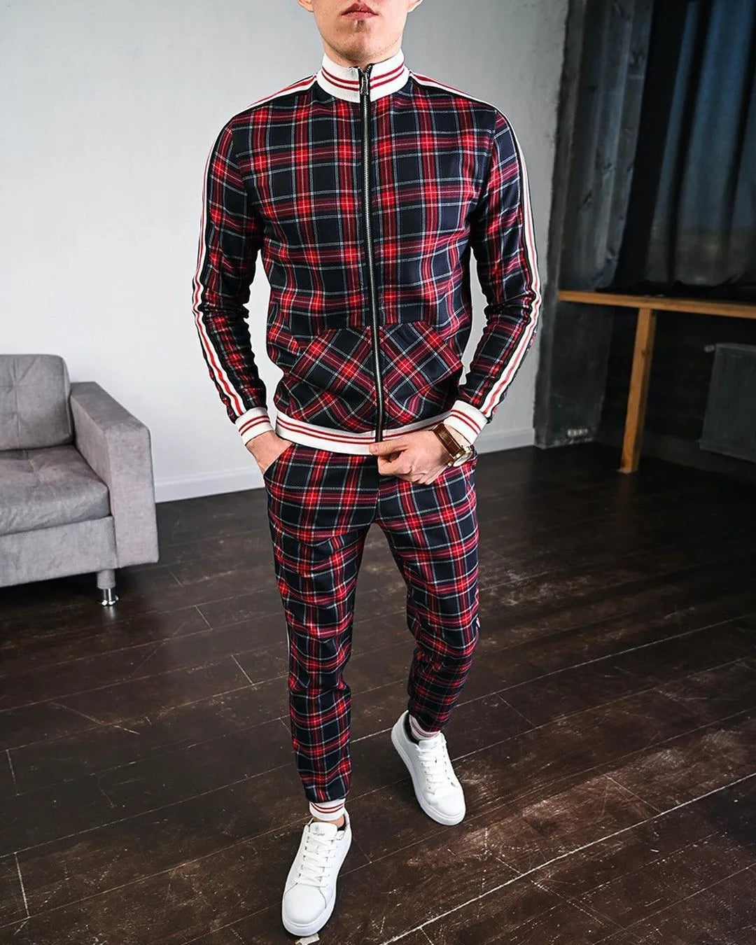 2025 Herbst Herum Männer Tracksuit 2pc Set Plaid Zipper Sweatshirt Jacke Langes Hosen Freigelegte Fitnessstudio Running Jogging Outfit Fleece Sportswear