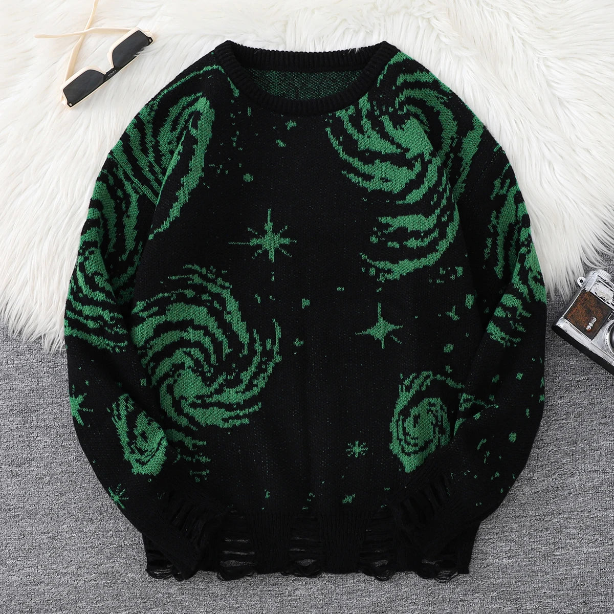Novo Popular Street Ripped Ripped Starry Sky Padrão Pullover rasgado suéter casual Round Neck Knit