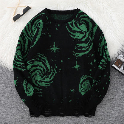 Novo Popular Street Ripped Ripped Starry Sky Padrão Pullover rasgado suéter casual Round Neck Knit
