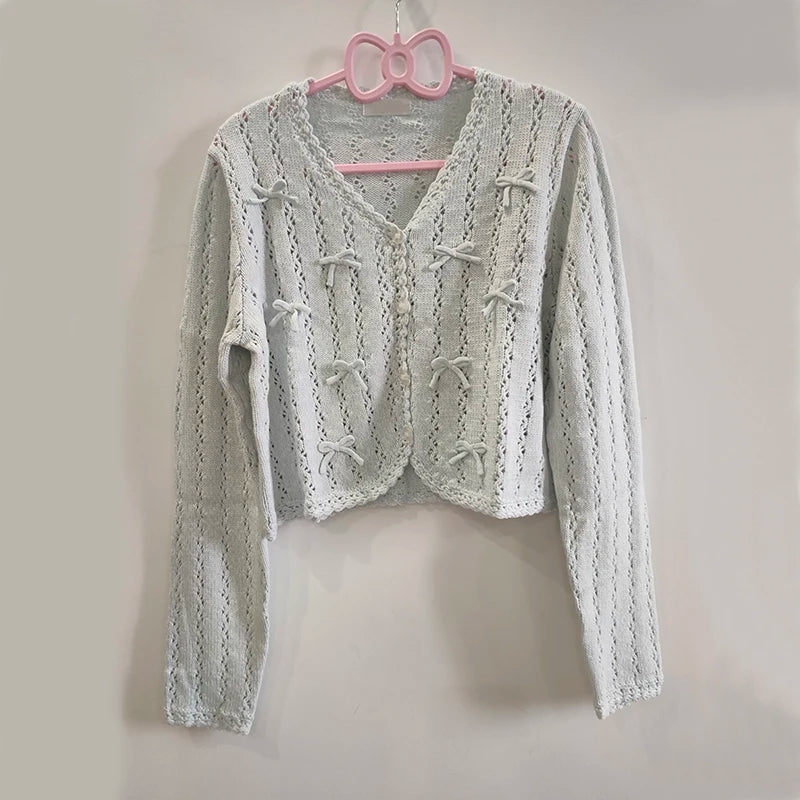 Cardigans de malha doces Mulheres Mão de Crochê Decoração do Coração Hollow Out suéteres para garotas de Kawaii