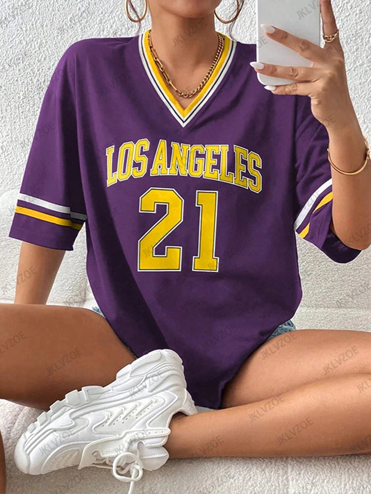 New Los Angeles No.21 Printed T-Shirt For Women Summer  V-Neck Short Sleeve Sports Football Jersey Y2K Loose Oversized Tops