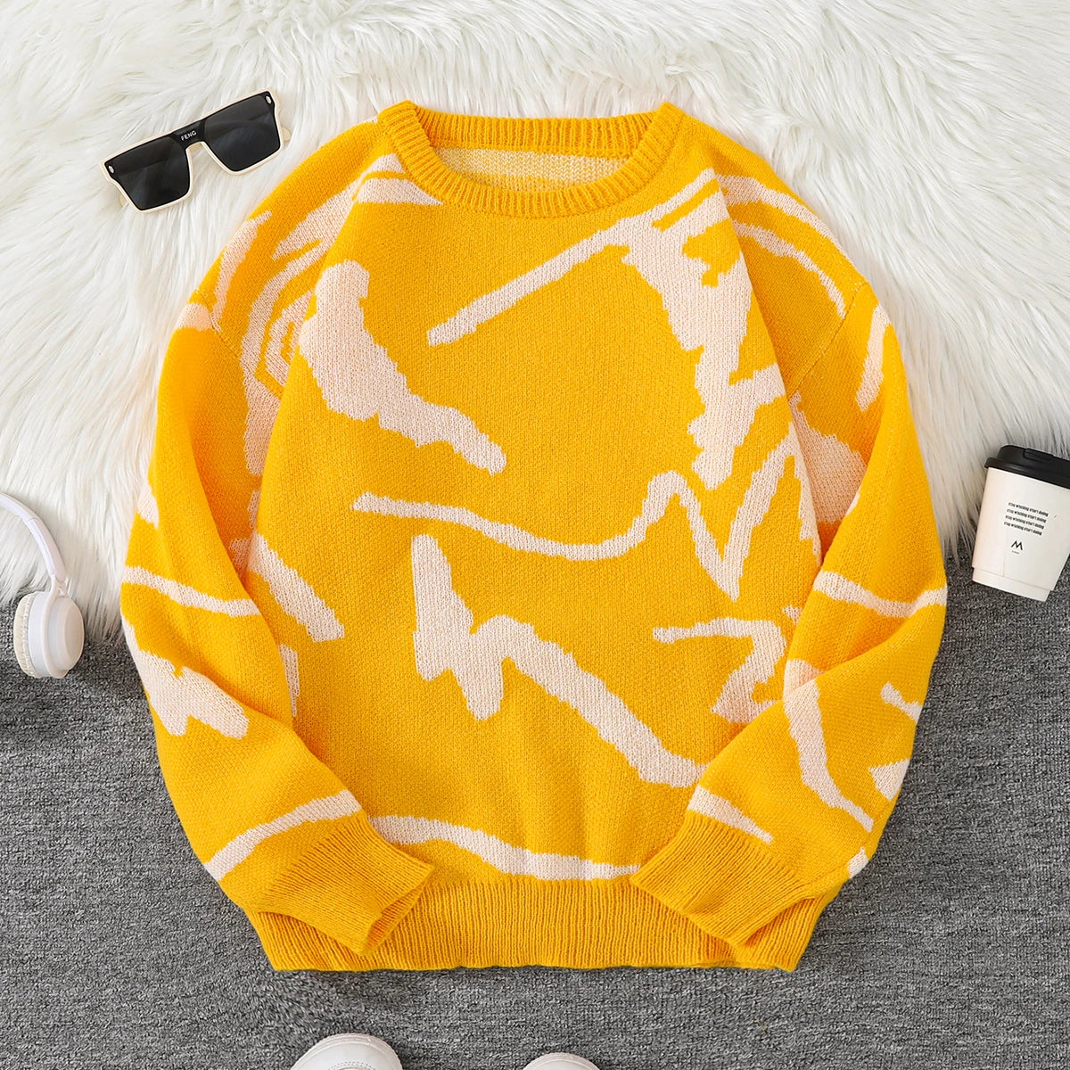 New Popular Spring Autumn Graffiti Jacquard Pattern Pullover Sweater Casual Round Neck Contrast Color Knitted Men's Pullover