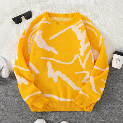 New Popular Spring Autumn Graffiti Jacquard Pattern Pullover Sweater Casual Round Neck Contrast Color Knitted Men's Pullover