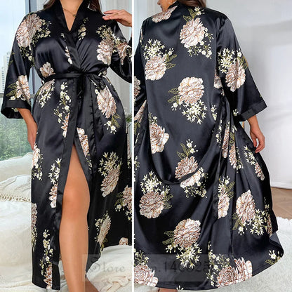 Plus -koko 5xl Nainen pitkä viitta yöpukuinen seksikäs leopardi kimono kylpytakki puku lounge pukeutuvat kevään kesäsatiini -yöasuihin