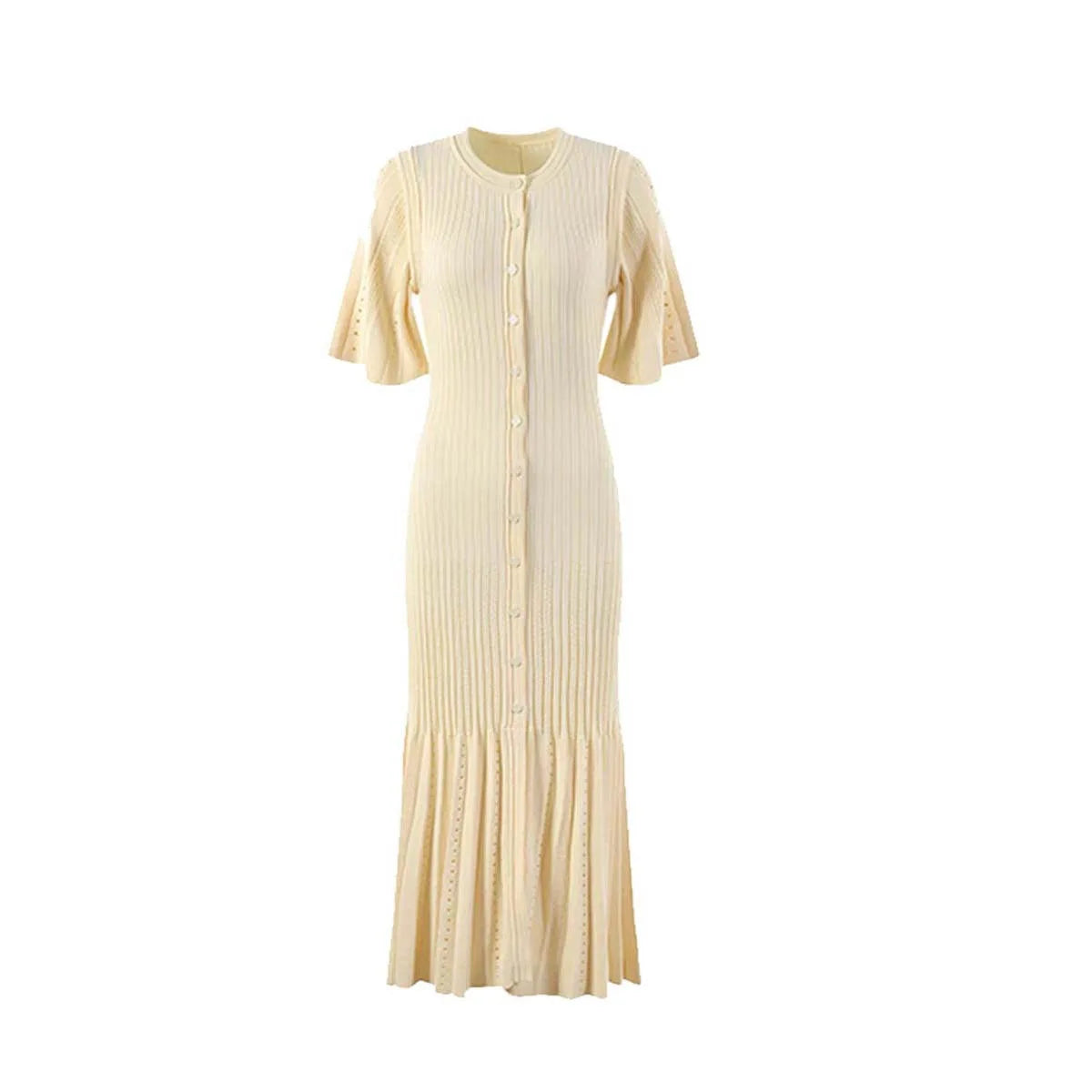 Sommermodische modische Openwork French Slimming A-Line Kurzarm gestricktes Kleid, Fishtail Long Kleid für Frauen