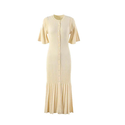 Sommermodische modische Openwork French Slimming A-Line Kurzarm gestricktes Kleid, Fishtail Long Kleid für Frauen