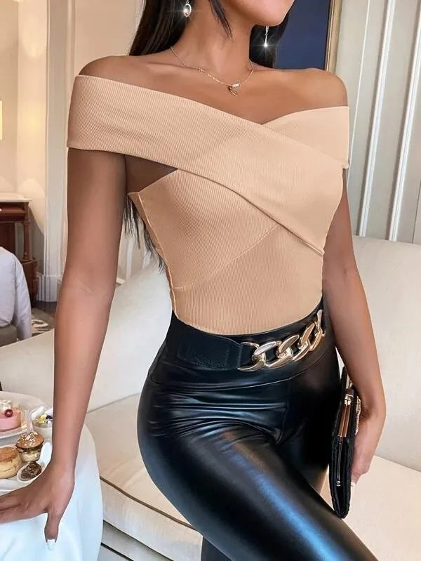One-shoulder solid color sleeveless sexy cross-ribbed top backless knitted T-shirt for women