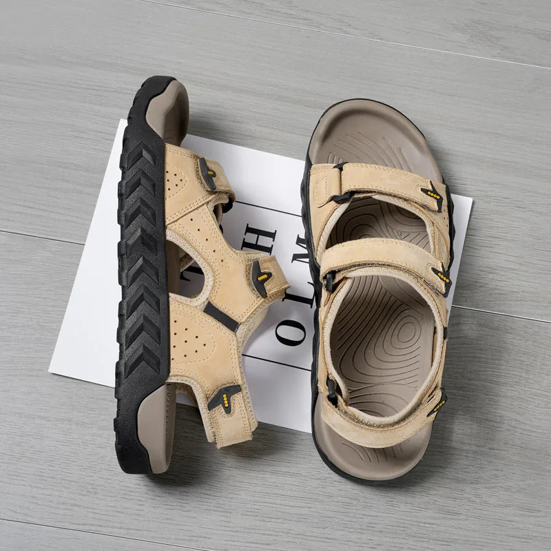 Summer Mens Casual Sandals Genuine Leather Cushion Natural Leather Open Shoes Beach Sandal Adjustable Anti-Skid