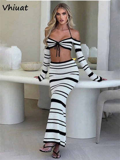 Vhiuat sommer langærmet toppe lange nederdel dragt kvinder strikket strandfest 2 stykke kjole sæt elegant matchende sæt outfits 2024