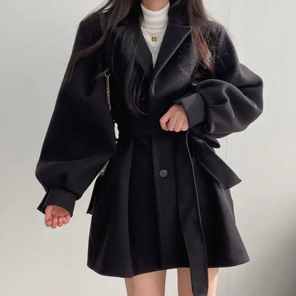 Women Solid Wool Blend Coat Slim Fit Belt Coats Female Warm Cotton Thicker V-neck Office Lady Elegant Trendy Button Outwear Ins