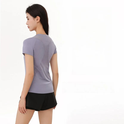 American Minimalist Style Non-marking Yoga Sports Tops Women Round Neck Slim Sports Fitness Mesh Quick Dry Fitness Clothing