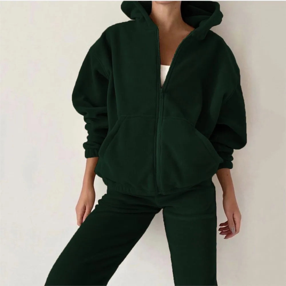 Frjálslegur konur Polar Fleece Hoodie Two Piece Sets Fashi