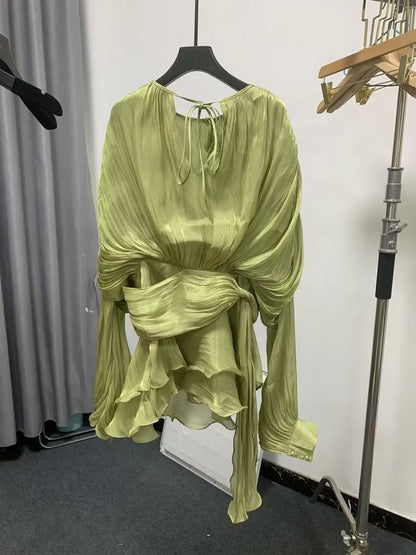 Galcaur Solid Loose Splicd Lace Up Dresses For Women V Neck Lange ermer Patchwork Ruffles Tunika Dreses Female Fashio Ny